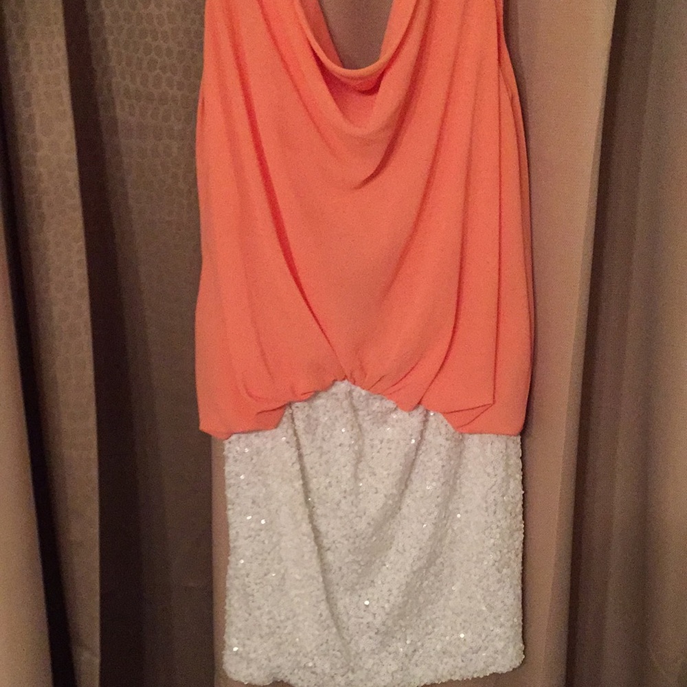 Gorgeous coral and white sequin mini dress